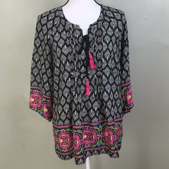 Black Rainn Tops - Black Rain Black Pink Boho Turnic Blouse Top M